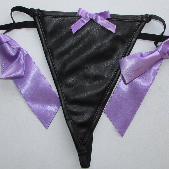 Black Pleather Purple Ribboned Corset Set - NEW - Picture 7 of 11